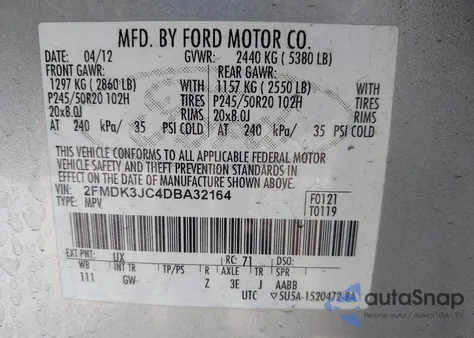 2013 Ford Edge Sel z USA, uszkodzony, nr VIN 2FMDK3JC4DBA32164